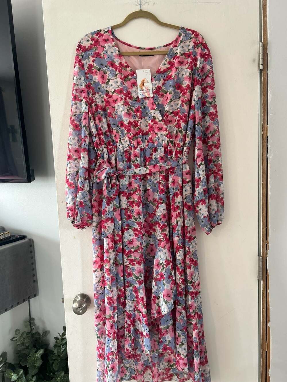 Women's Floral Long Sleeve Wrap V-Neck Ruffle Maxi Dress XXL